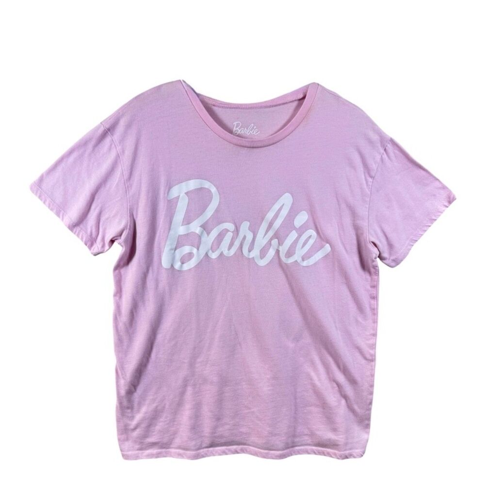 Barbie Classic Script Logo Graphic Tee Pink Womens L 2023 Mattel Short Sleeve